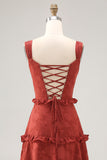 Terracotta A-line Ruffled Floral Burnout Maxi Bridesmaid Dress with Lace Up Back