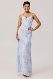 Blue Sheath Backless Print Floral Long Bridesmaid Dress with Lace Up Back
