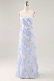 Blue Flower Sheath Printed Long Bridesmaid Dress with Lace Up Back