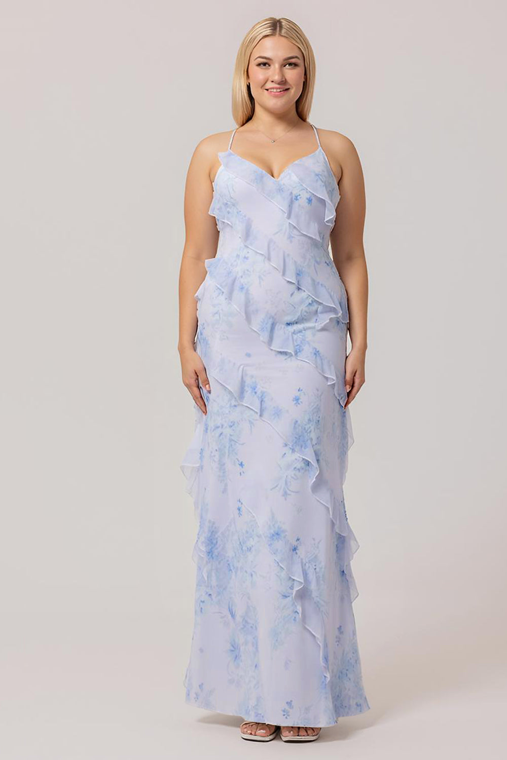 WEDTREND Women Plus Size Blue Print Floral Long Bridesmaid Dress with Lace Up Back Sheath Backless Wedding Guest Dress WEDTREND Women Plus Size Blue Print Floral Long Bridesmaid Dress with Lace Up Back Sheath Backless Wedding Guest Dress