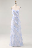 Blue Flower Sheath Printed Long Bridesmaid Dress with Lace Up Back