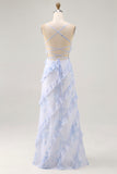 Blue Flower Sheath Printed Long Bridesmaid Dress with Lace Up Back