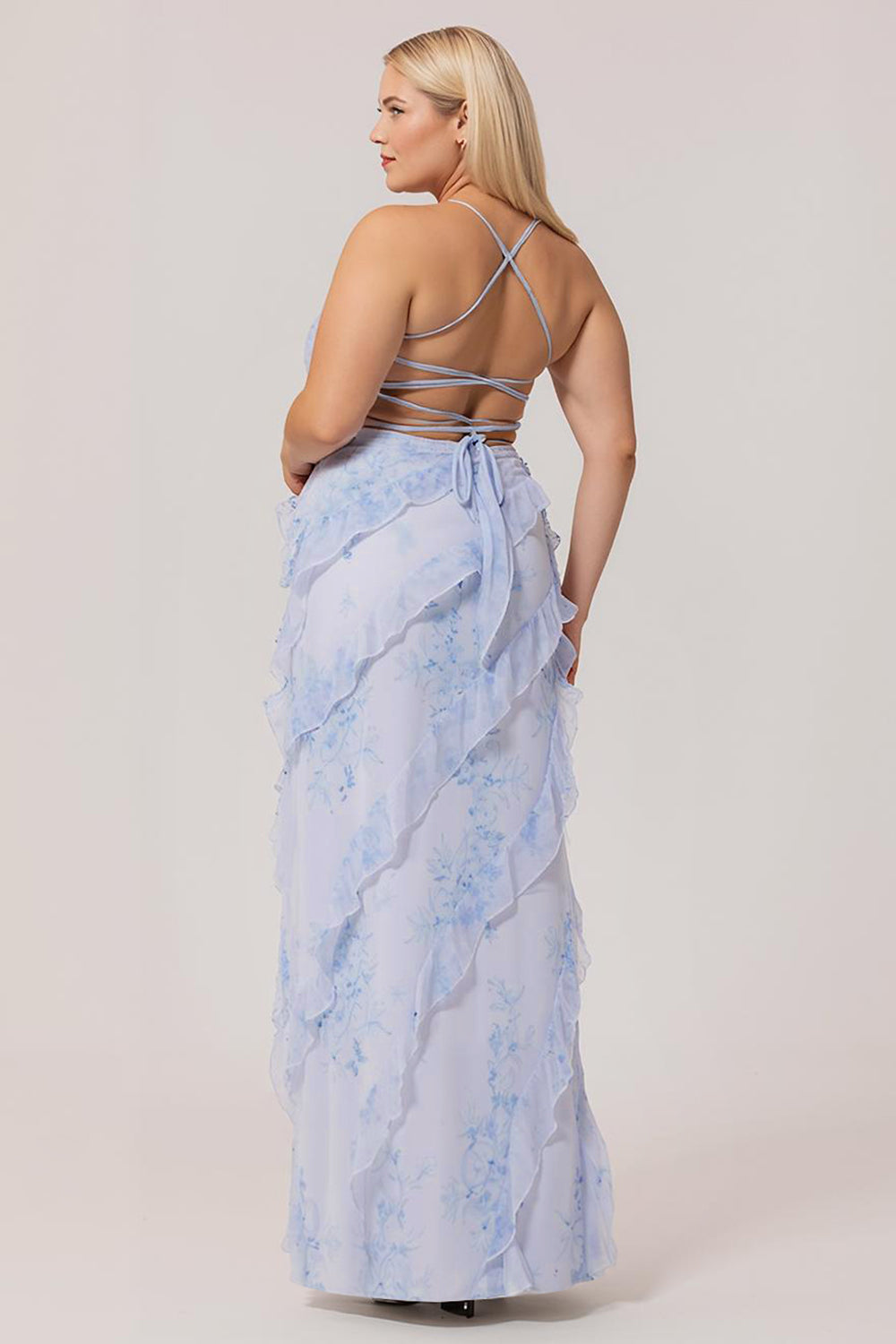 WEDTREND Women Plus Size Blue Print Floral Long Bridesmaid Dress with Lace Up Back Sheath Backless Wedding Guest Dress WEDTREND Women Plus Size Blue Print Floral Long Bridesmaid Dress with Lace Up Back Sheath Backless Wedding Guest Dress