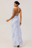 Blue Sheath Backless Print Floral Long Bridesmaid Dress with Lace Up Back