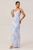 Blue Sheath Backless Print Floral Long Bridesmaid Dress with Lace Up Back