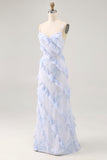 Blue Flower Sheath Printed Long Bridesmaid Dress with Lace Up Back