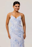 Blue Sheath Backless Print Floral Long Bridesmaid Dress with Lace Up Back