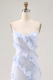 Blue Flower Sheath Printed Long Bridesmaid Dress with Lace Up Back