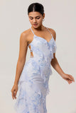 Blue Sheath Backless Print Floral Long Bridesmaid Dress with Lace Up Back