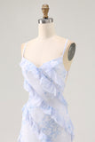 Blue Flower Sheath Printed Long Bridesmaid Dress with Lace Up Back