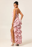Blush Sheath Ruffle Chiffon Print Floral Long Bridesmaid Dress with Slit