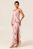 Blush Sheath Ruffle Chiffon Print Floral Long Bridesmaid Dress with Slit