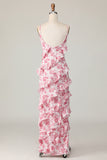 Blush Sheath Ruffle Chiffon Print Floral Long Bridesmaid Dress with Slit