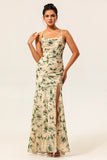 Champagne Flower Sheath Spaghetti Straps Bridesmaid Dress With Slit