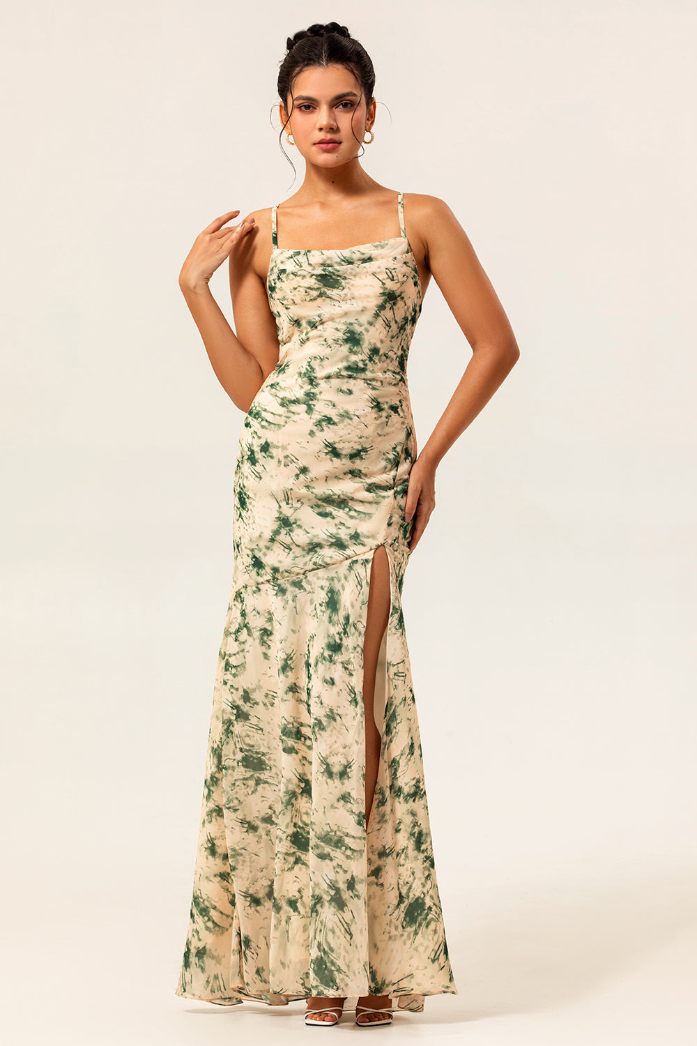 WEDTREND Women Champagne Long Bridesmaid Dress with Slit Print Floral Sheath Spaghetti Straps Wedding Party Dress with Lace Up Back, Champagne Flower