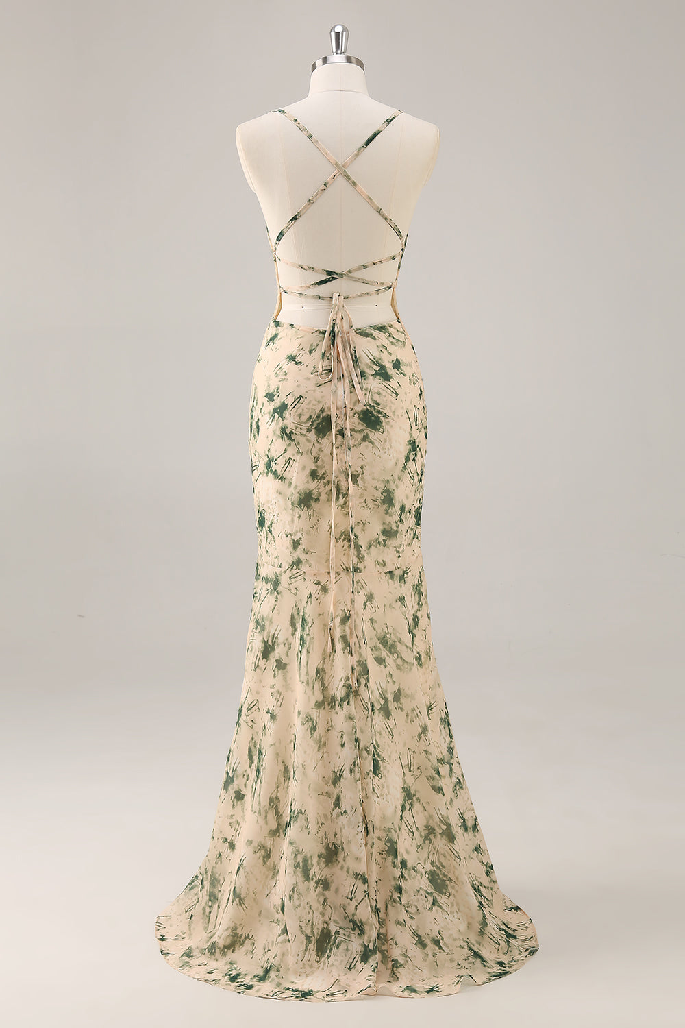 WEDTREND Women Champagne Long Bridesmaid Dress with Slit Print Floral Sheath Spaghetti Straps Wedding Party Dress with Lace Up Back, Champagne Flower