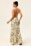 Champagne Sheath Backless Print Floral Long Bridesmaid Dress with Slit