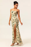 Champagne Sheath Backless Print Floral Long Bridesmaid Dress with Slit