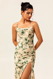 Champagne Sheath Backless Print Floral Long Bridesmaid Dress with Slit