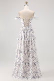 Purple Flower A-Line Off The Shoulder Ruffled Bridesmaid Dress with Lace Up Back