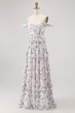Purple Flower A-Line Off The Shoulder Ruffled Bridesmaid Dress with Lace Up Back