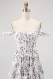 Purple Flower A-Line Off The Shoulder Ruffled Bridesmaid Dress with Lace Up Back