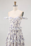 Purple Flower A-Line Off The Shoulder Ruffled Bridesmaid Dress with Lace Up Back