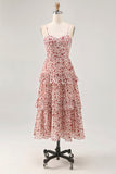 Blush Flower A-Line Spaghetti Straps Tiered Long Wedding Guest Dress with Ruffles
