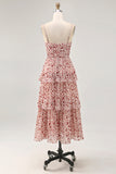 Blush Flower A-Line Spaghetti Straps Tiered Long Wedding Guest Dress with Ruffles