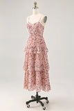 Blush Flower A-Line Spaghetti Straps Tiered Long Wedding Guest Dress with Ruffles