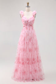 Blush Flower A-Line Cut-Out Tulle Backless Print Maxi Dress