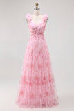 Blush Flower A-Line Cut-Out Tulle Backless Print Maxi Dress