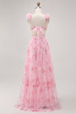 Blush Flower A-Line Cut-Out Tulle Backless Print Maxi Dress