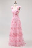 Blush Flower A-Line Cut-Out Tulle Backless Print Maxi Dress