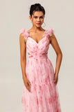 Blush Flower A-Line Cut Out Ruched Backless Print Long Bridesmaid Dress