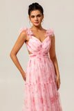 Blush Flower A-Line Cut Out Ruched Backless Print Long Bridesmaid Dress