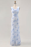 Blue Sheath Open Back Print Floral Chiffon Long Bridesmaid Dress