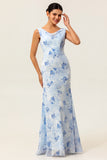 Blue Sheath Open Back Print Floral Chiffon Long Bridesmaid Dress