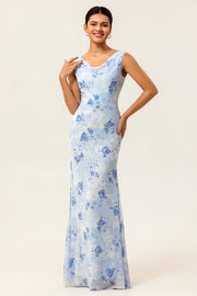 Blue Sheath Open Back Print Floral Chiffon Long Bridesmaid Dress