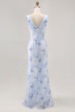Blue Sheath Open Back Print Floral Chiffon Long Bridesmaid Dress