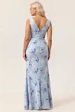 Blue Sheath Open Back Print Floral Chiffon Long Plus Size Bridesmaid Dress