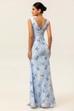 Blue Sheath Open Back Print Floral Chiffon Long Bridesmaid Dress