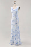 Blue Flower Sheath Printed Long Wedding Party Dress