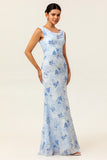 Blue Sheath Open Back Print Floral Chiffon Long Bridesmaid Dress