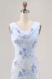 Blue Flower Sheath Printed Long Wedding Party Dress
