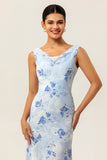 Blue Sheath Open Back Print Floral Chiffon Long Bridesmaid Dress