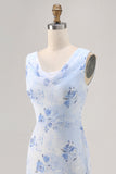 Blue Flower Sheath Printed Long Wedding Party Dress