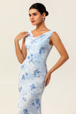 Blue Sheath Open Back Print Floral Chiffon Long Bridesmaid Dress