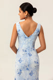 Blue Sheath Open Back Print Floral Chiffon Long Bridesmaid Dress