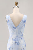 Blue Flower Sheath Printed Long Wedding Party Dress